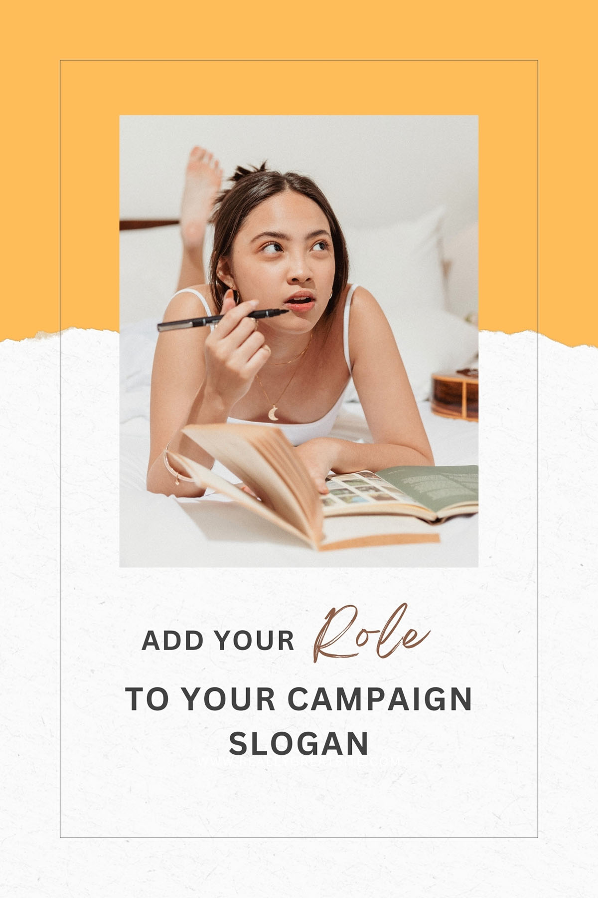A girl laying on her stomach with a book, contemplating which student council role she's going to run for.
