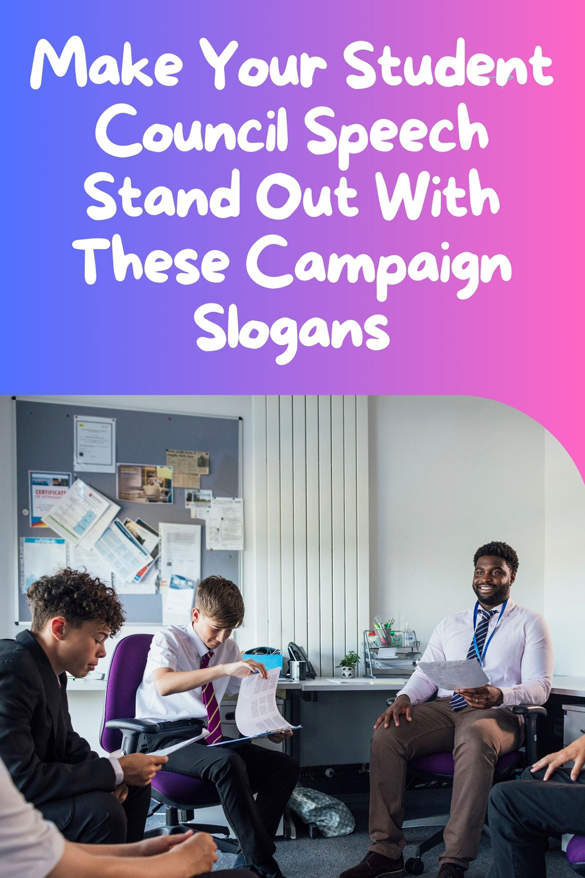 Three members of student council collaborating on campaign slogans in a classroom.