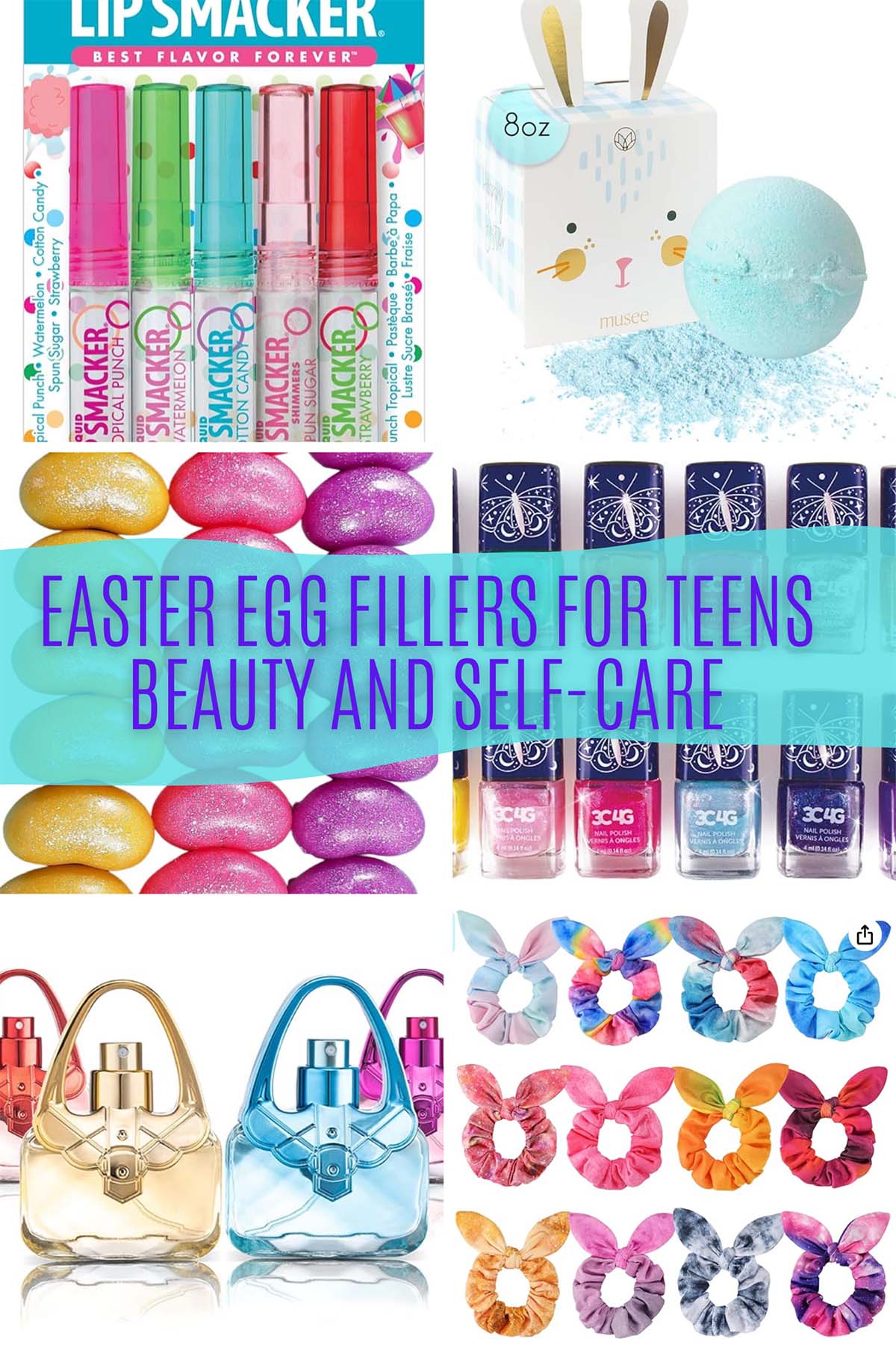 Easter egg fillers for beauty and self-care including lip gloss, bath bombs, soap bars, nail polish, perfume and scrunchies.