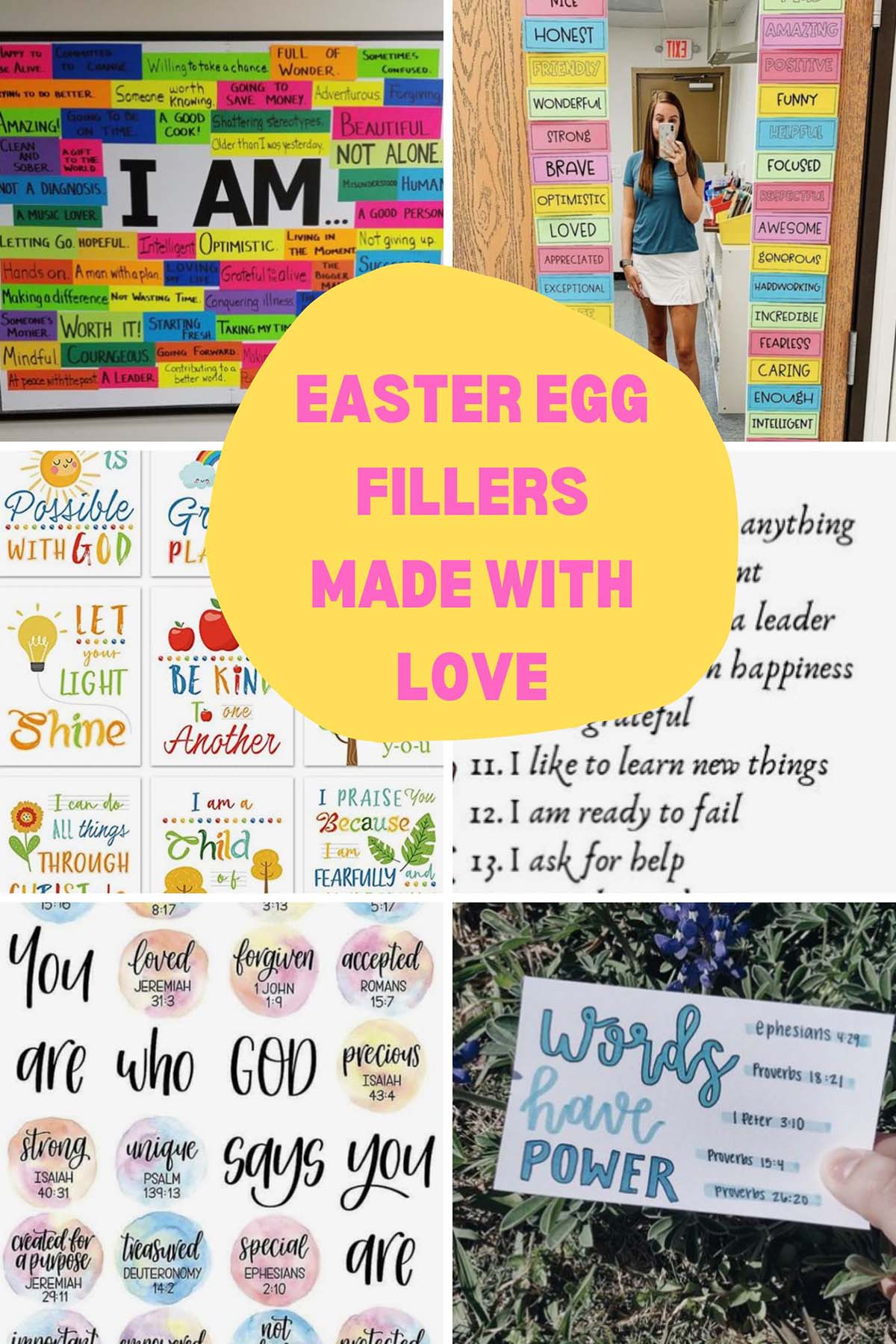 Easter egg fillers including affirmations and bible verses for teens.