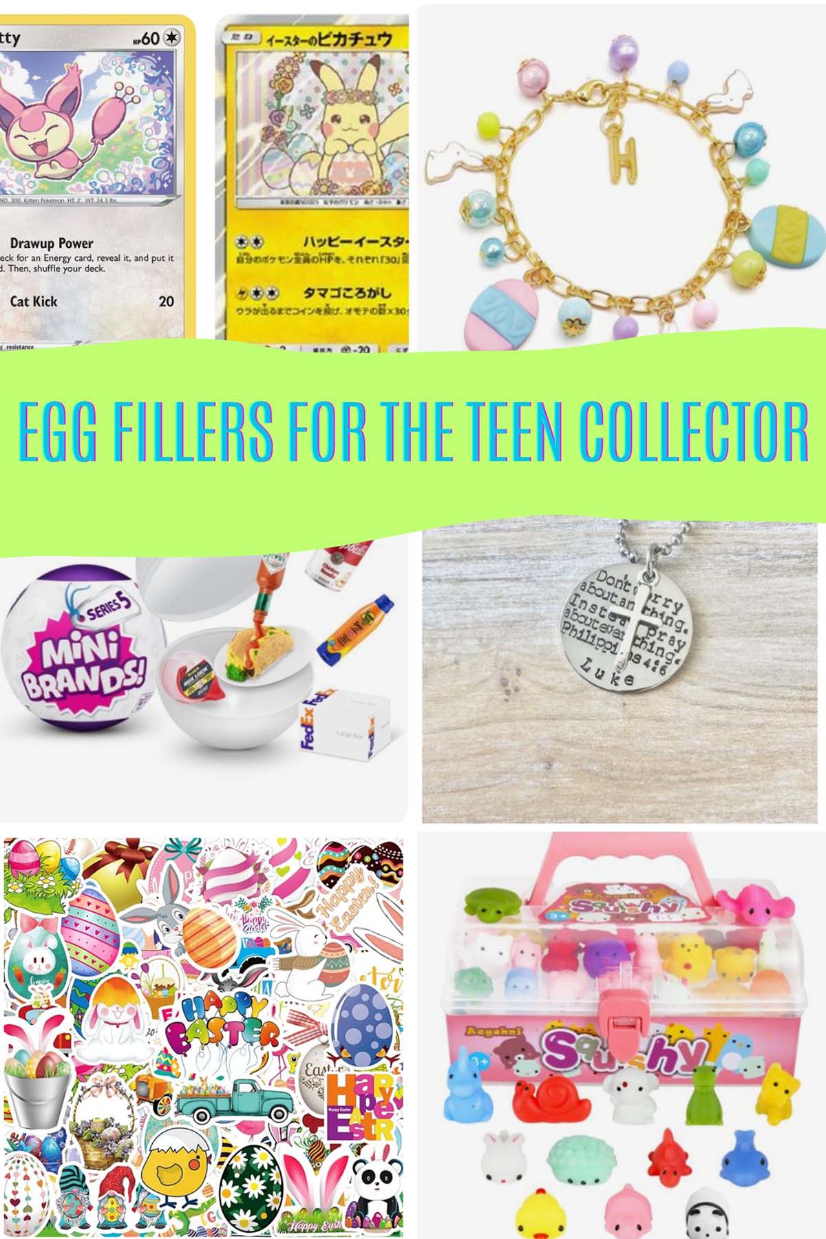 A variety of Pokemon cards, Easter charms, Mini Brands, jewelry, water stickers and little squishies to use as Easter egg fillers for teens.