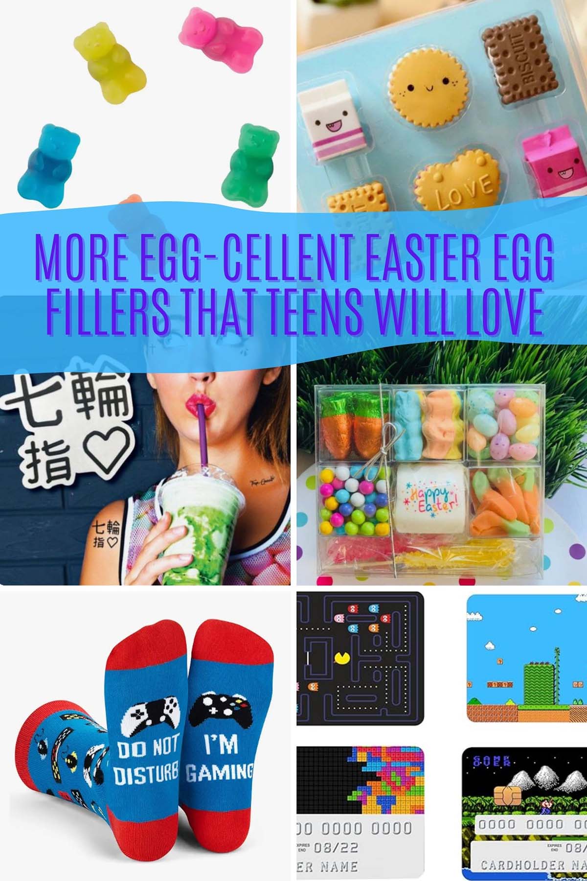 Teen Easter egg filler ideas including video game socks, adorable mini erasers, temporary tattoo, credit card stickers and Jibbitz for Crocs.