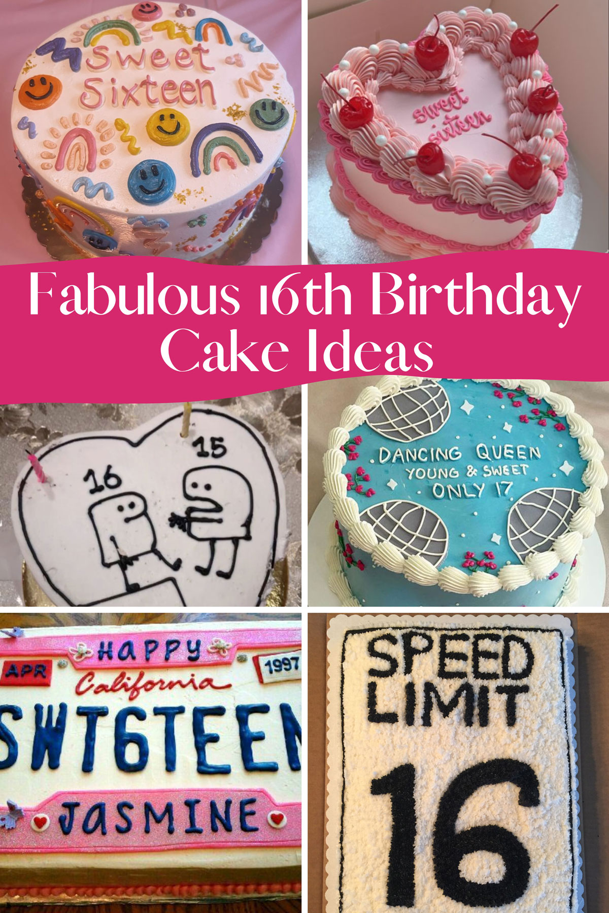 The words "Fabulous 16th Birthday Cake Ideas" with 6 photos of cakes.