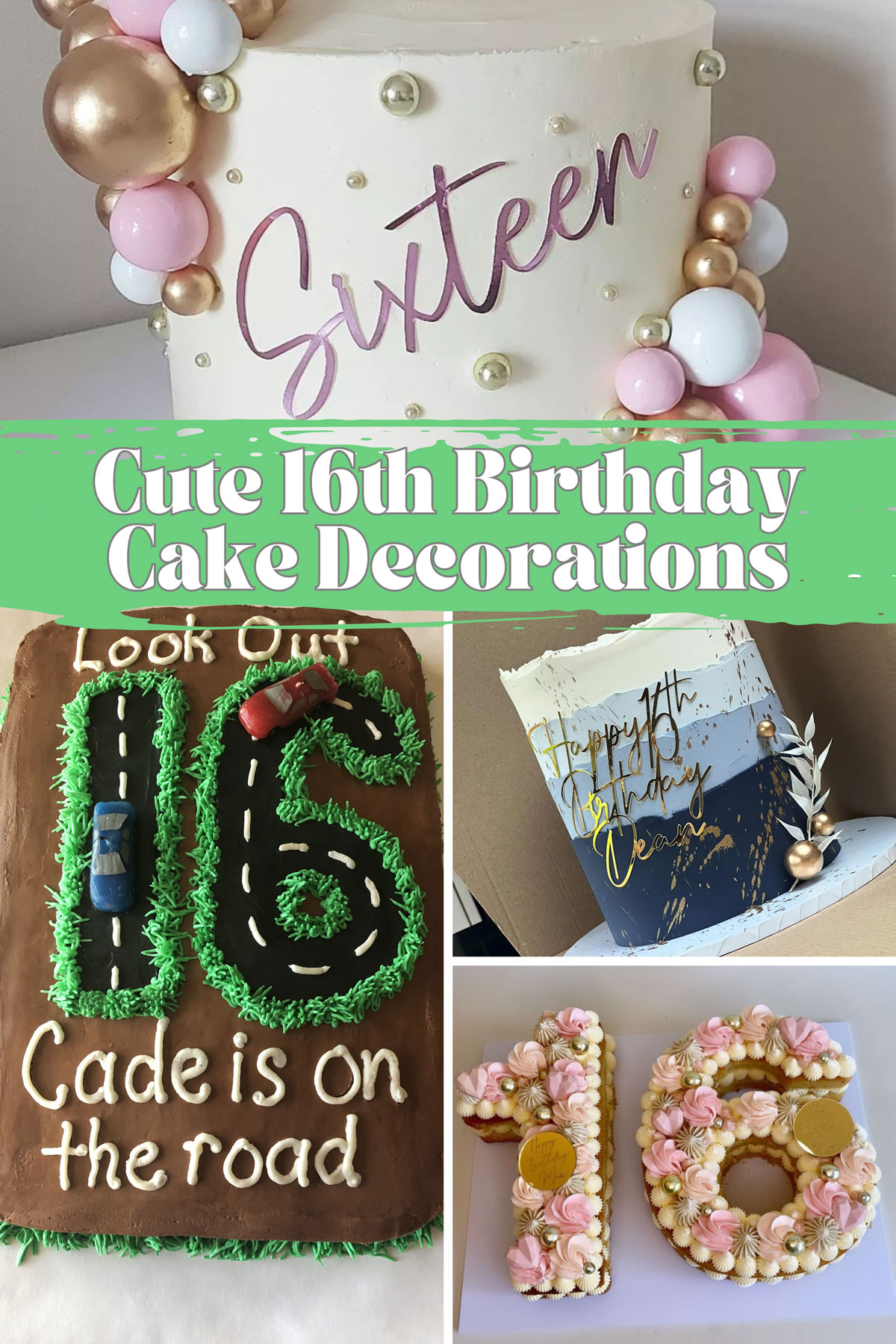 The words "Cute 16th Birthday Cake Decorations" with 4 images of cakes.